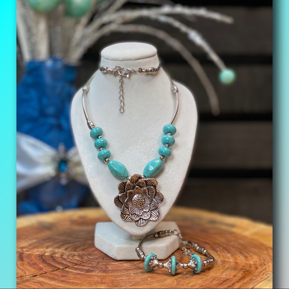 Boho Southwest Sterling Silver and Faux Turquoise Necklace and Bracelet Set - Picture 1 of 5